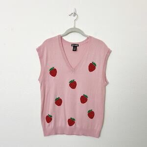 [Hot Topic] Pink Strawberry Print Sleeveless Sweater Vest Top V-Neck Sz Medium M